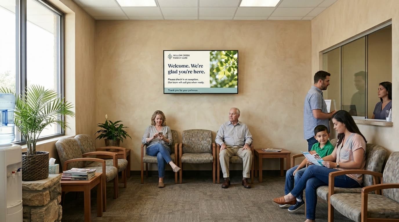 Everuna welcome information on a screen in a clinic waiting room