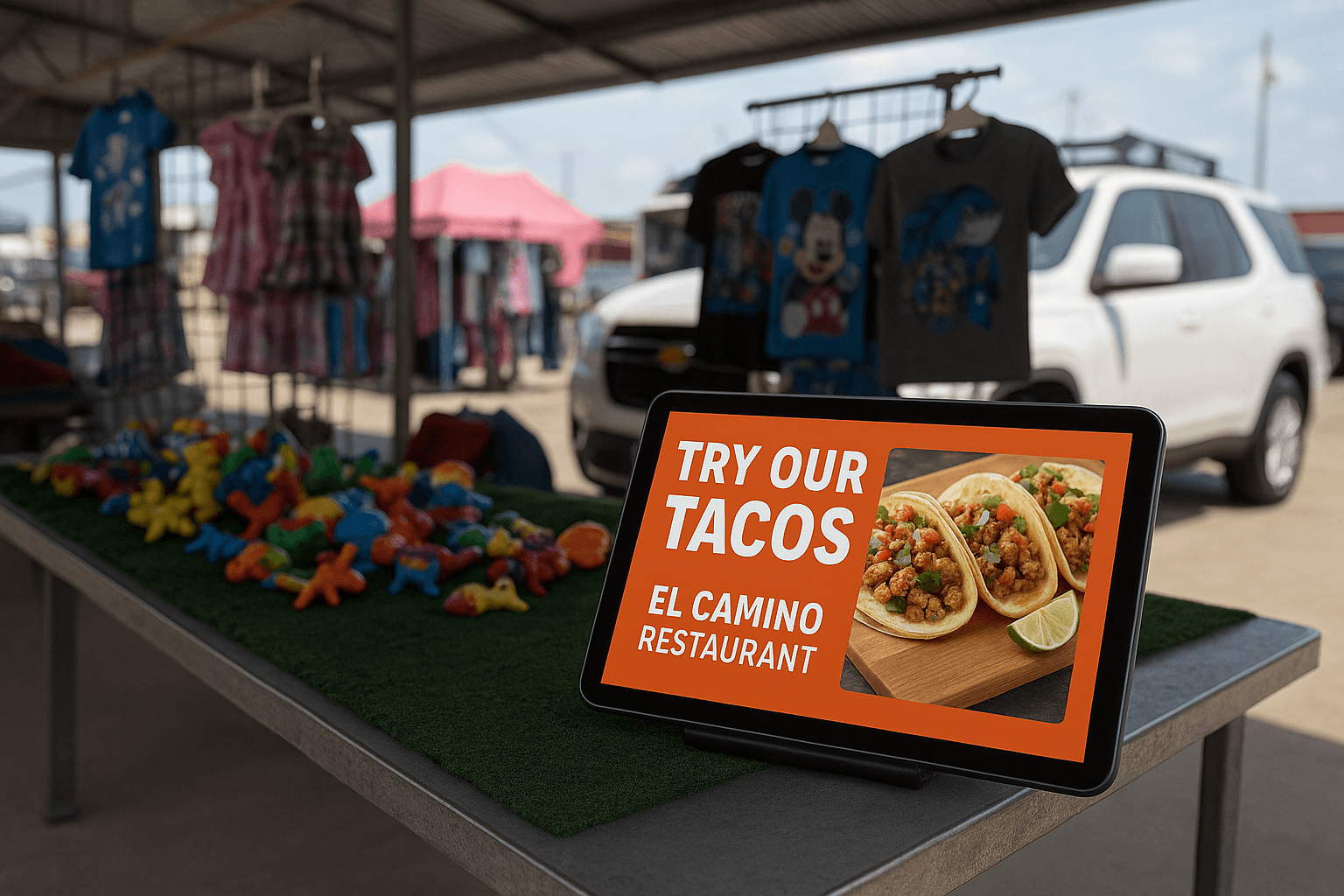 Live pilot screen at local flea market for digital signage advertising