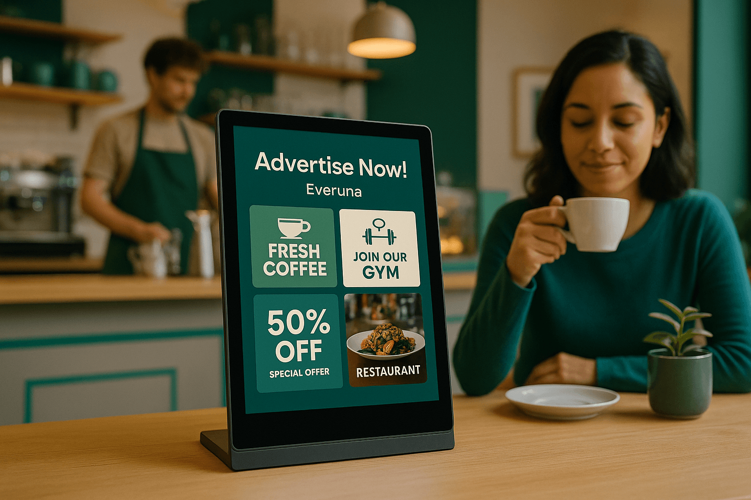 Local coffee shop digital signage placement example